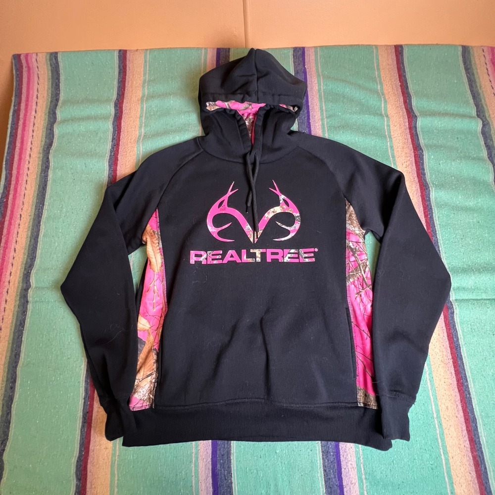 Realtree Hoodie Womens Small Black Pink Camo Logo Pullover Sweatshirt Outdoor
